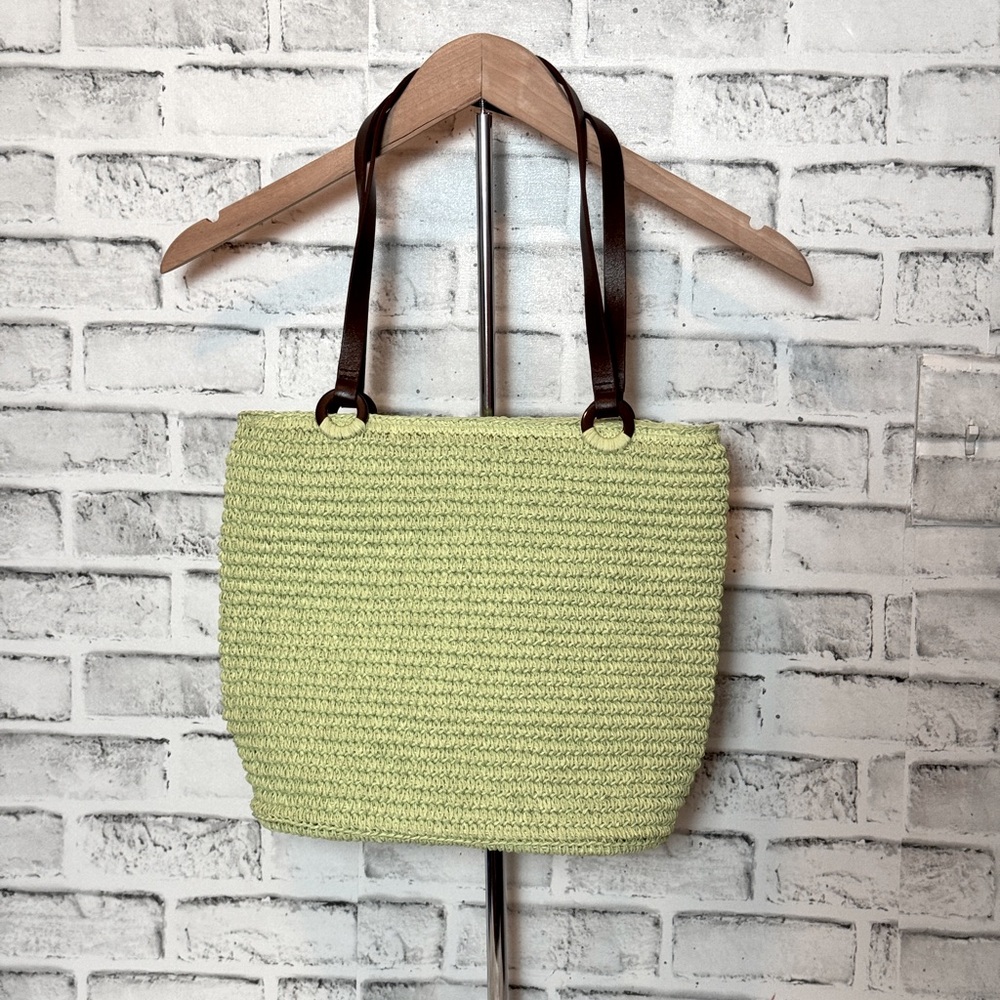 Talbots Green and Brown‎ Woven straw Tote Bag with Leather Handles 10x13